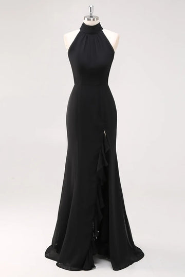 Black Halter Neck Ruffles Mermaid Long Formal Dress